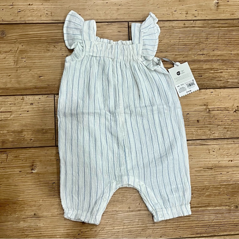 Baby Girls Blue and White Striped Romper with Ruffle Straps